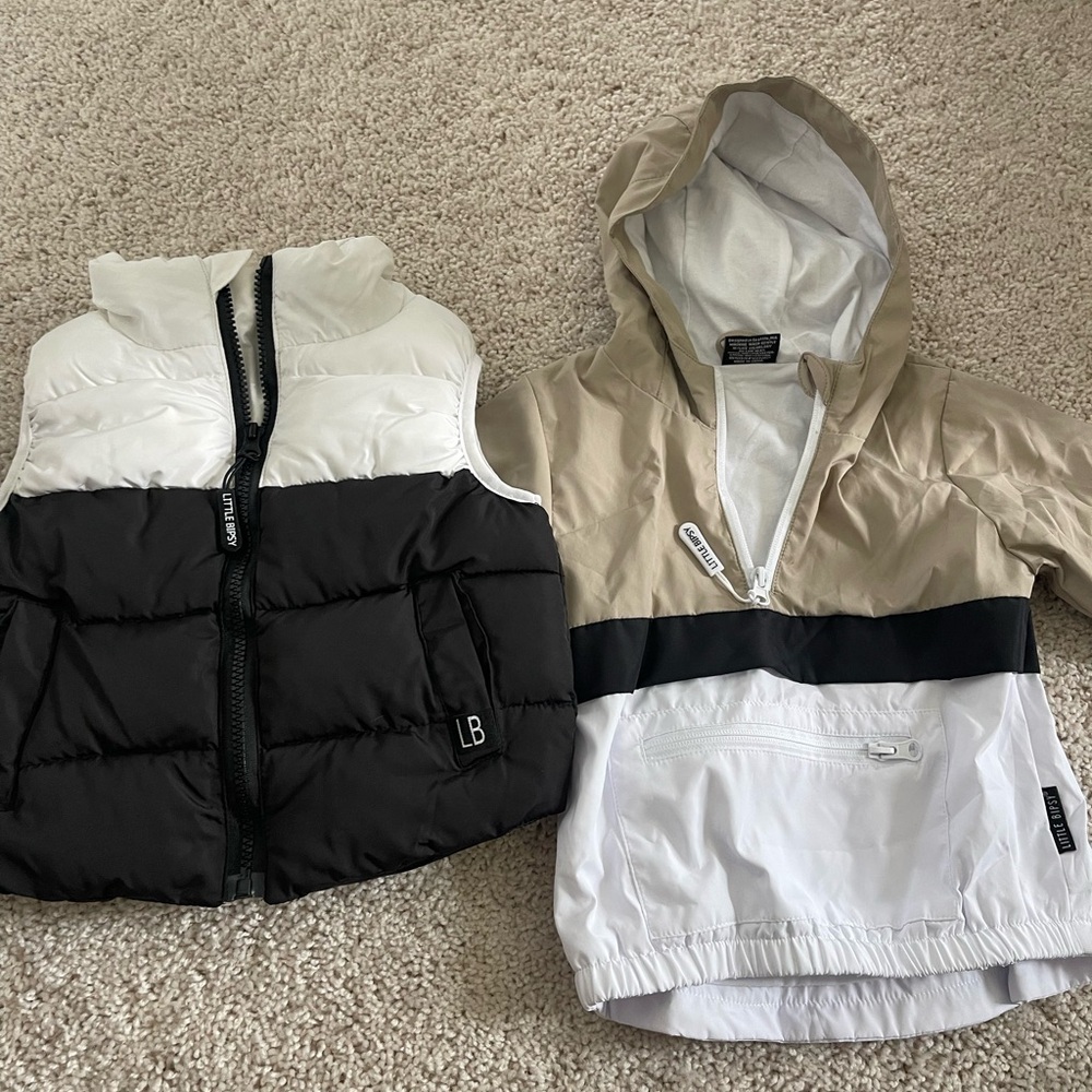 Little Bipsu Black and White Puffer Vest and Beige Hooded Windbreaker